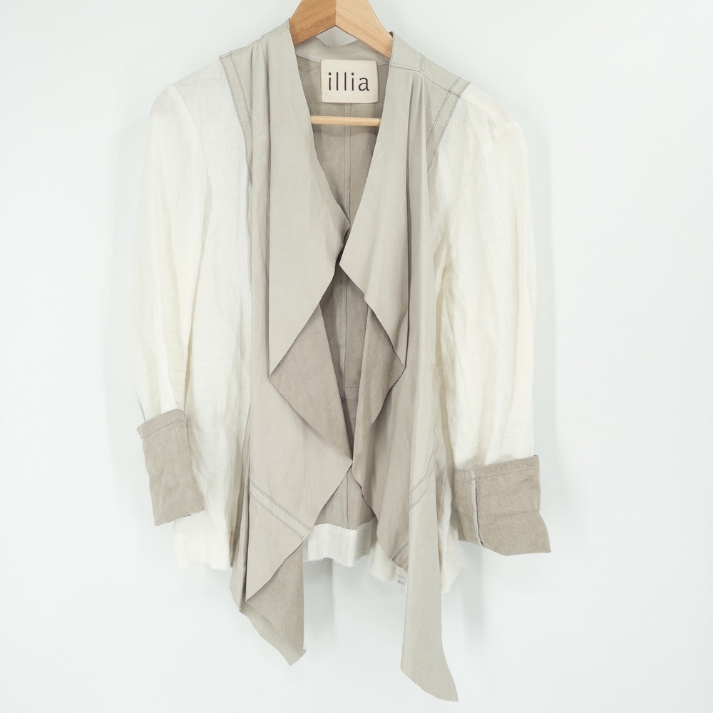 Illia Leather Trim Waterfall Jacket Cream Asymmetrical Size‎ 10 Quiet Luxury USA